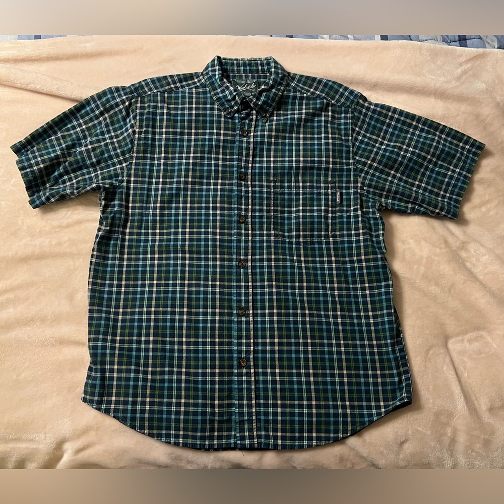 WOOLRICH men’s Large plaid camp shirt 100% cotton button-down collar Navy